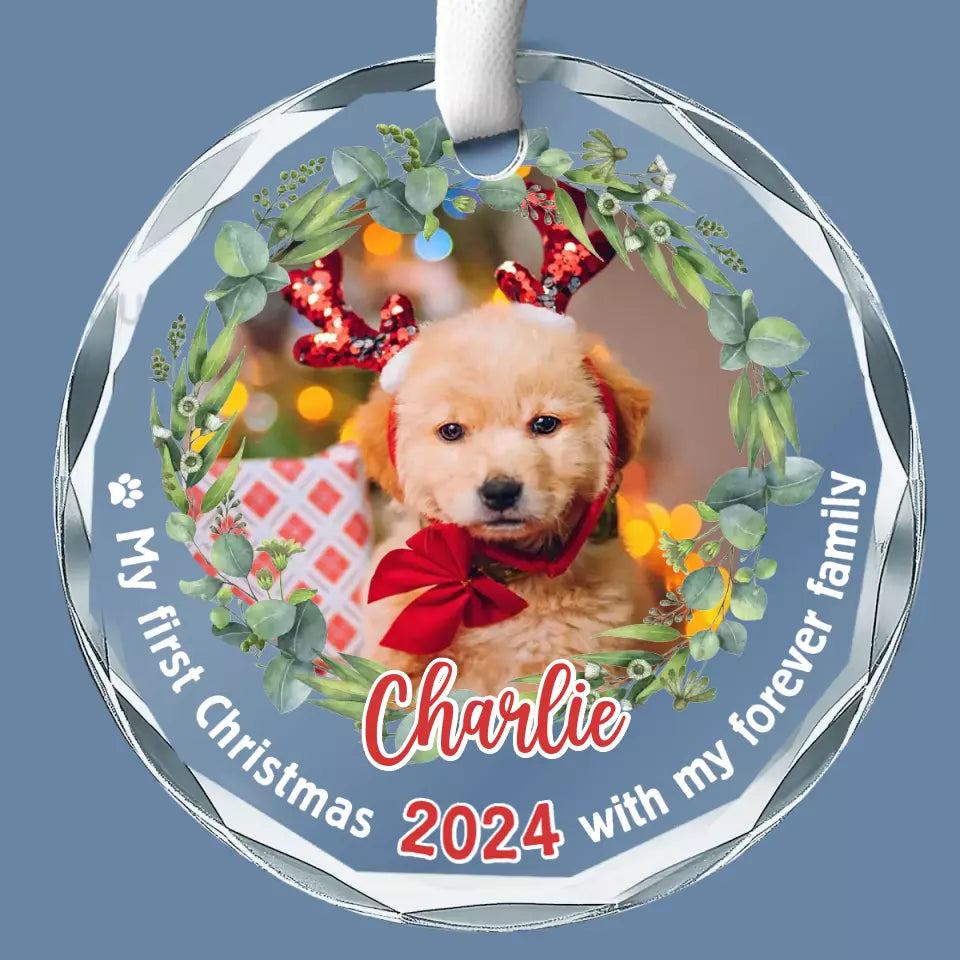Photo personnalisée : Célébrez Noël avec vos amis à quatre pattes - Ornement en verre rond personnalisé pour chien et chat - Cadeau de Noël pour propriétaires d'animaux, amoureux des animaux, premier Noël