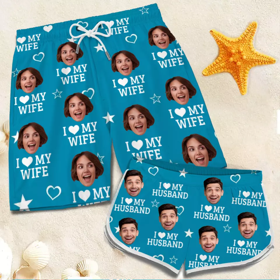 Photo personnalisée « Je tombe toujours amoureux de toi tous les jours » - Short de plage hawaïen tropical personnalisé et amusant pour couple - Cadeau de vacances d'été, cadeau de fête d'anniversaire pour mari et femme, anniversaire