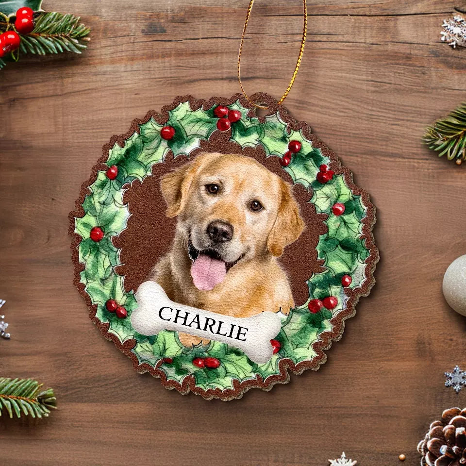Photo personnalisée : « Je ne suis plus à mes côtés, mais pour toujours dans mon cœur » – Ornement commémoratif personnalisé en cuir – Cadeau de Noël, cadeau de condoléances pour les propriétaires d'animaux et les amoureux des animaux