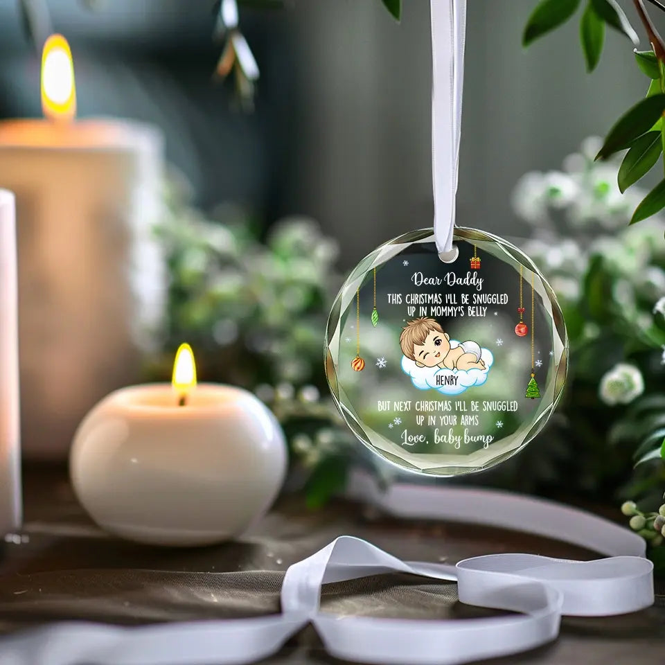 Je serai blotti dans tes bras - Ornement en verre personnalisé en forme de cercle pour la famille - Cadeau de Noël pour bébé, enfant, nouveau-né