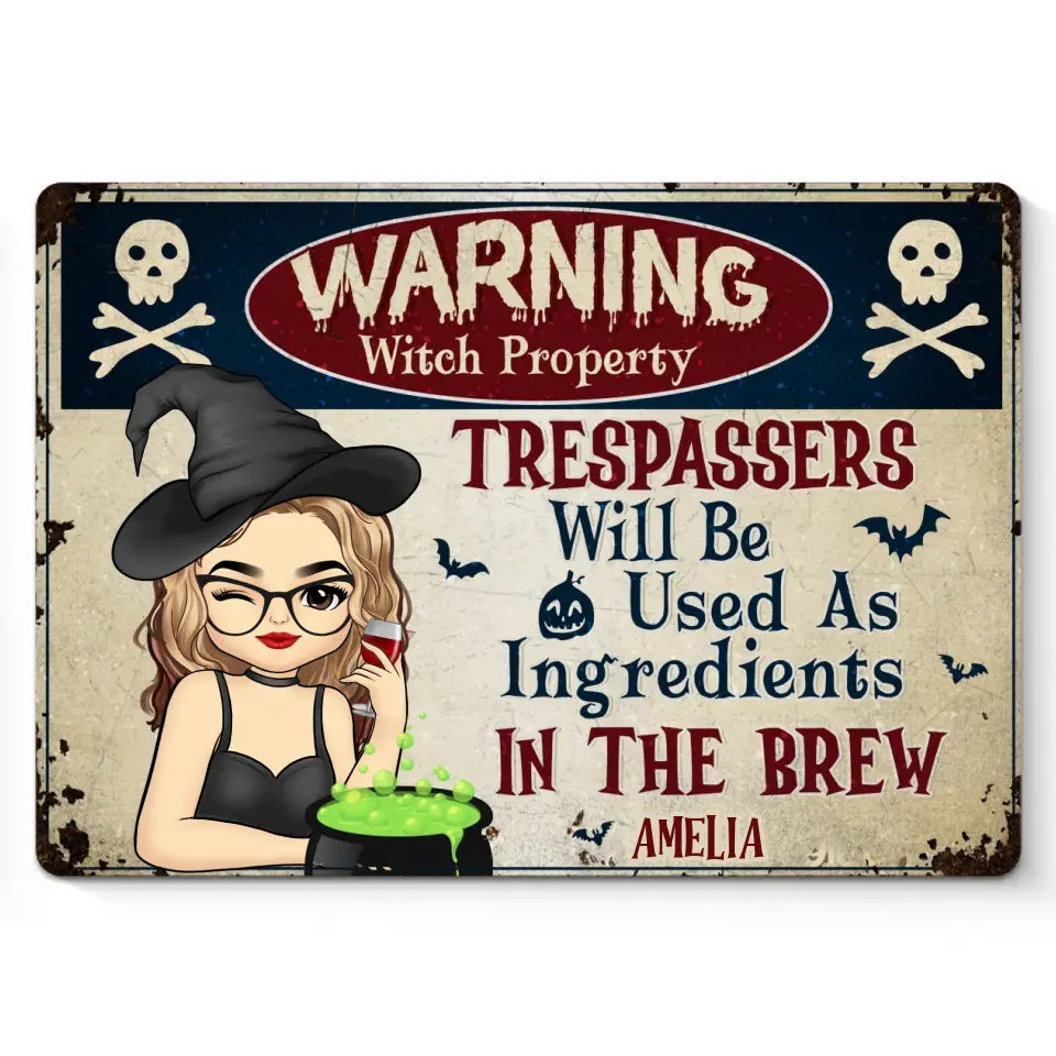 Avertissement aux intrus sur la propriété des sorcières - Plaque métallique personnalisée pour chat - Cadeau de pendaison de crémaillère, cadeau d'Halloween pour les propriétaires d'animaux et les amoureux des animaux