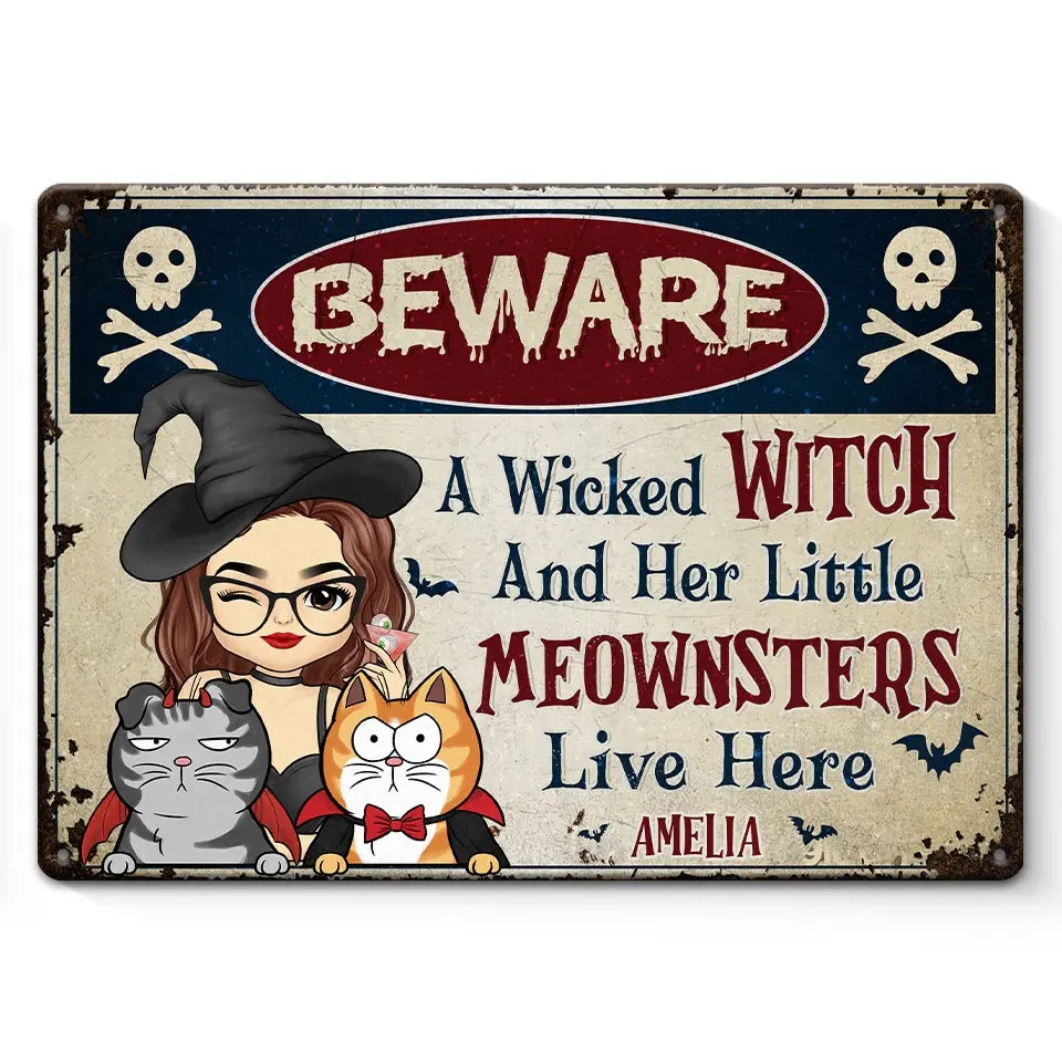 Avertissement aux intrus sur la propriété des sorcières - Plaque métallique personnalisée pour chat - Cadeau de pendaison de crémaillère, cadeau d'Halloween pour les propriétaires d'animaux et les amoureux des animaux