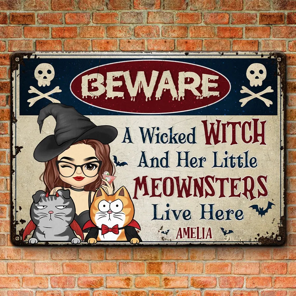 Avertissement aux intrus sur la propriété des sorcières - Plaque métallique personnalisée pour chat - Cadeau de pendaison de crémaillère, cadeau d'Halloween pour les propriétaires d'animaux et les amoureux des animaux