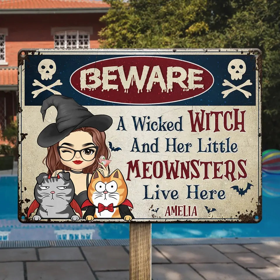 Avertissement aux intrus sur la propriété des sorcières - Plaque métallique personnalisée pour chat - Cadeau de pendaison de crémaillère, cadeau d'Halloween pour les propriétaires d'animaux et les amoureux des animaux