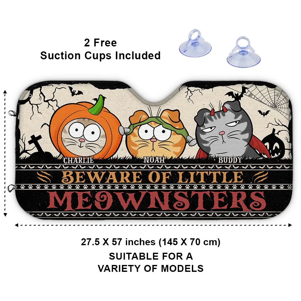 Attention au petit Meownster ! Pare-soleil personnalisé pour pare-brise de voiture, protection pour vitres de voiture, cadeau d'Halloween pour propriétaires et amoureux des animaux.