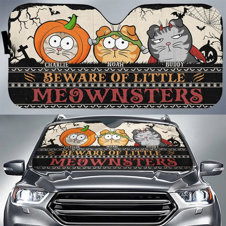 Attention au petit Meownster ! Pare-soleil personnalisé pour pare-brise de voiture, protection pour vitres de voiture, cadeau d'Halloween pour propriétaires et amoureux des animaux.