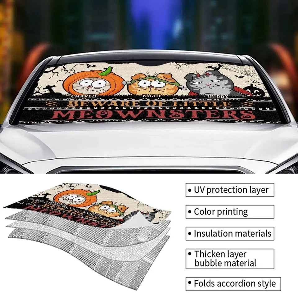 Attention au petit Meownster ! Pare-soleil personnalisé pour pare-brise de voiture, protection pour vitres de voiture, cadeau d'Halloween pour propriétaires et amoureux des animaux.