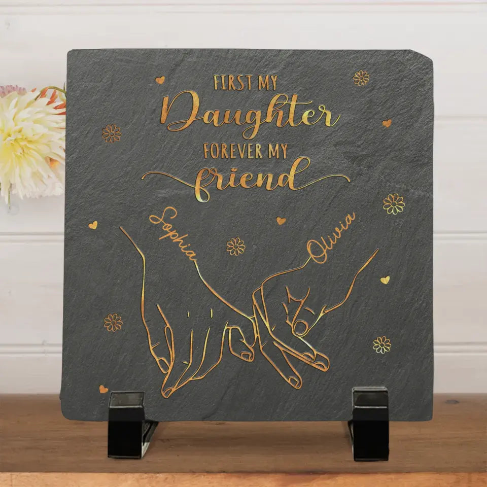 Le bonheur, c'est le temps entre mère et fille ! Pierre carrée personnalisée avec support pour famille - Cadeau pour maman et grand-mère