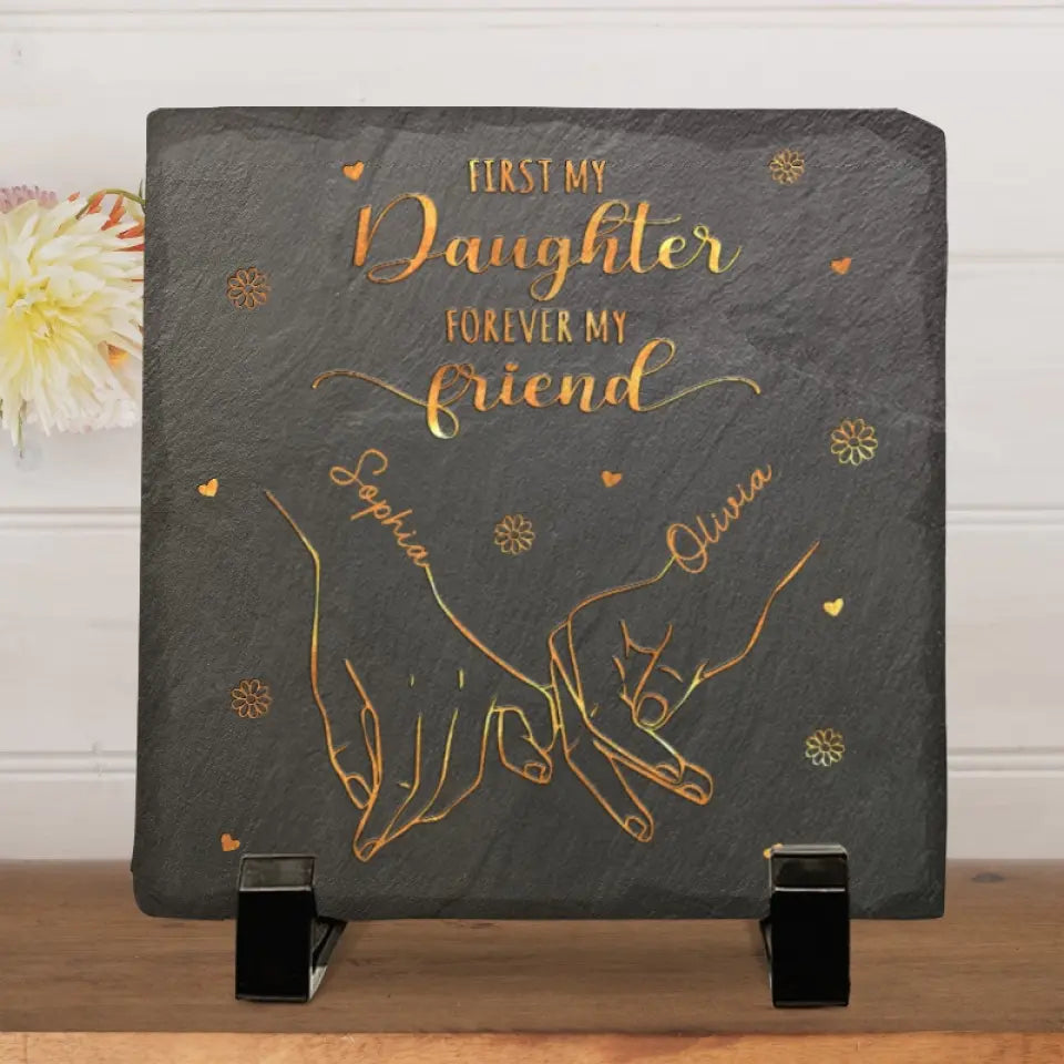 Le bonheur, c'est le temps entre mère et fille ! Pierre carrée personnalisée avec support pour famille - Cadeau pour maman et grand-mère