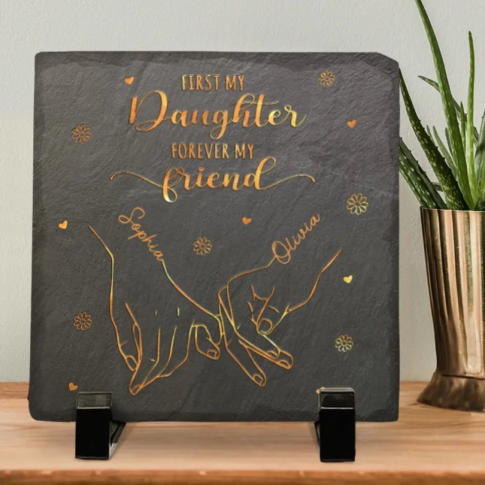 Le bonheur, c'est le temps entre mère et fille ! Pierre carrée personnalisée avec support pour famille - Cadeau pour maman et grand-mère