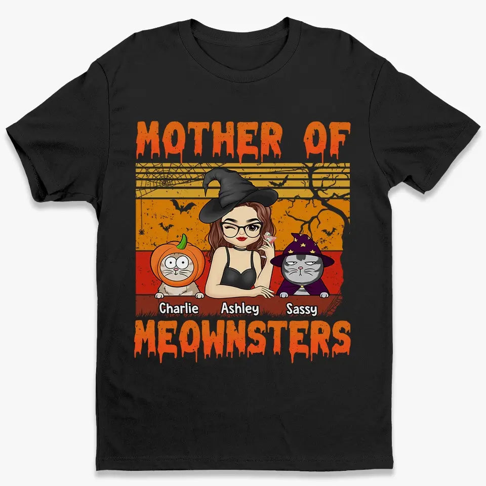 T-shirt, sweat à capuche et sweat-shirt unisexe personnalisé « Mother Of Meownsters » avec chat ; cadeau d'Halloween pour les propriétaires et les amoureux des animaux.