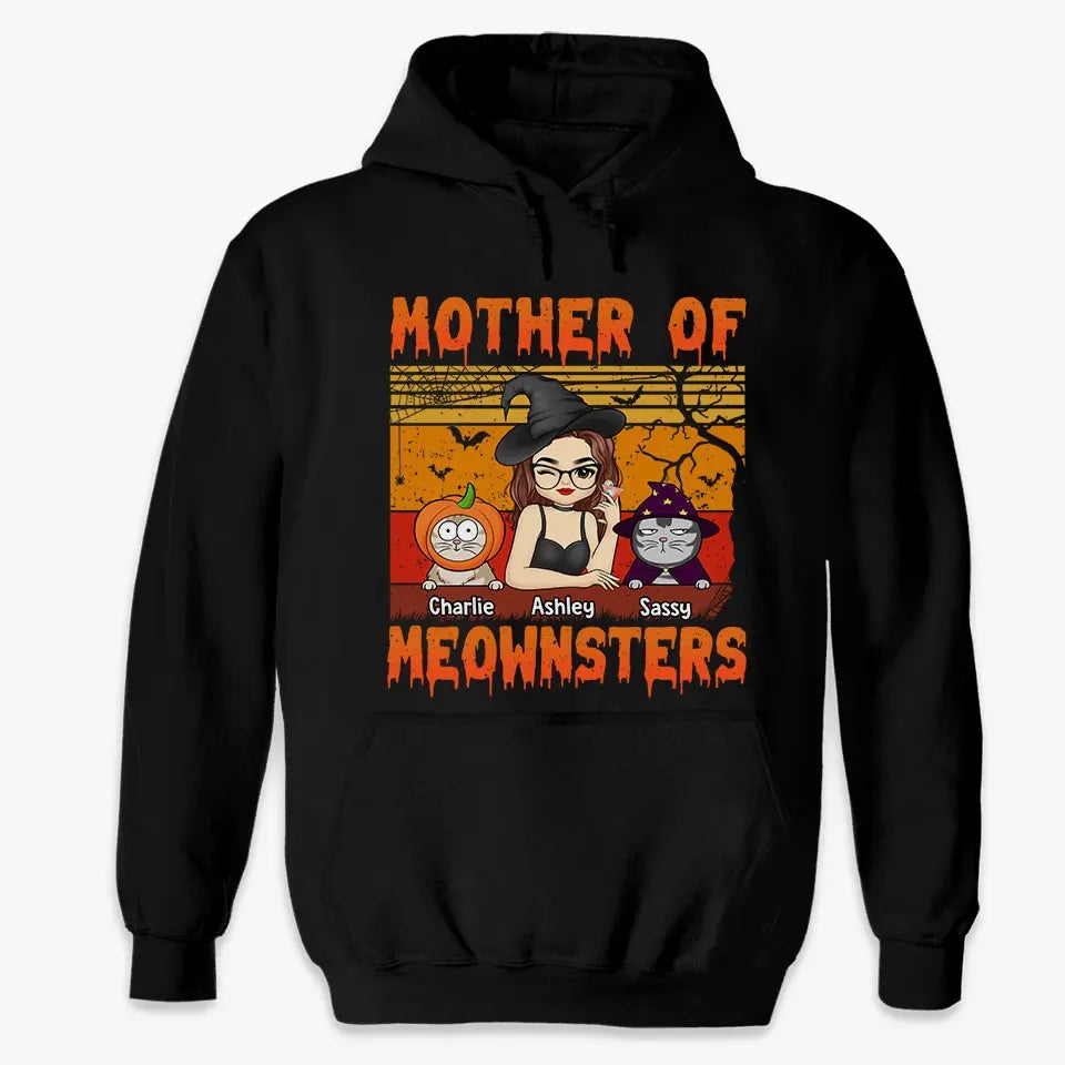 T-shirt, sweat à capuche et sweat-shirt unisexe personnalisé « Mother Of Meownsters » avec chat ; cadeau d'Halloween pour les propriétaires et les amoureux des animaux.