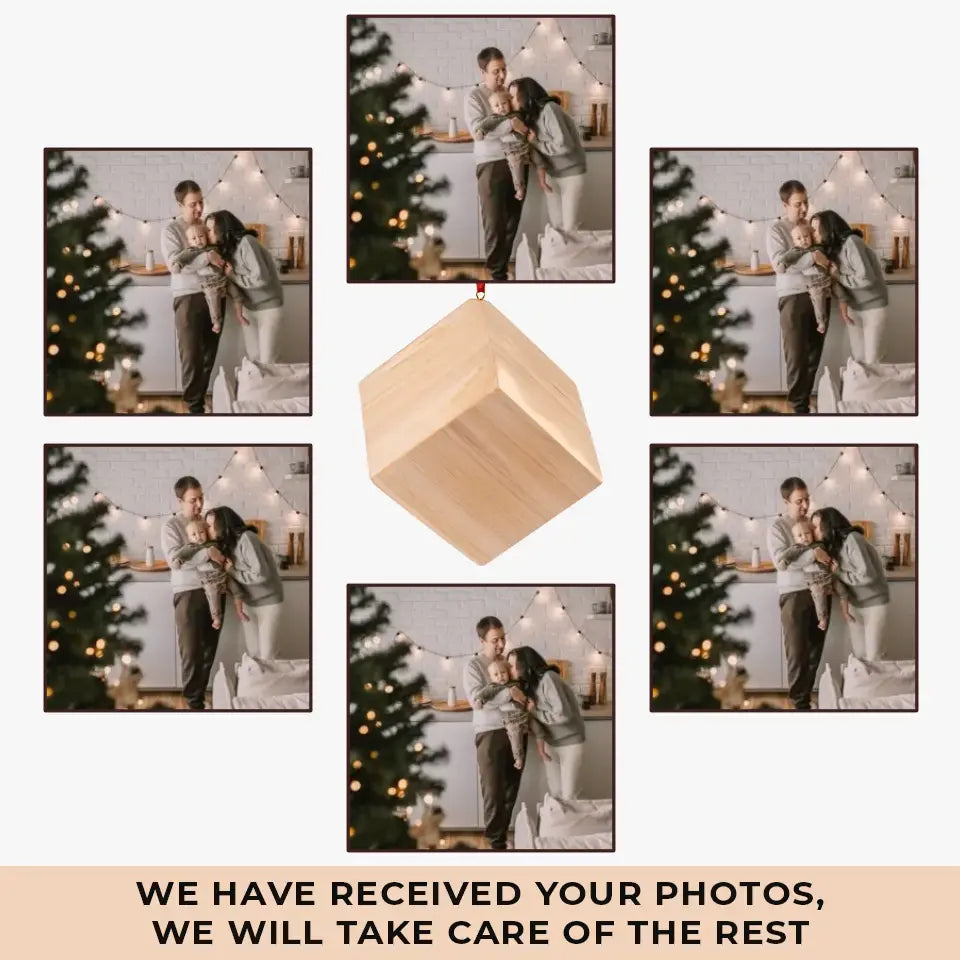 Photo personnalisée Famille heureuse - Ornement en bois personnalisé en forme de cube - Cadeau de Noël pour les membres de la famille