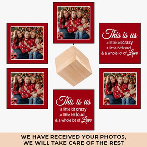 Photo personnalisée à chaque Noël : j'enveloppe ma famille d'amour ! - Décoration de Noël personnalisée en forme de cube en bois - Cadeau de Noël pour les membres de la famille