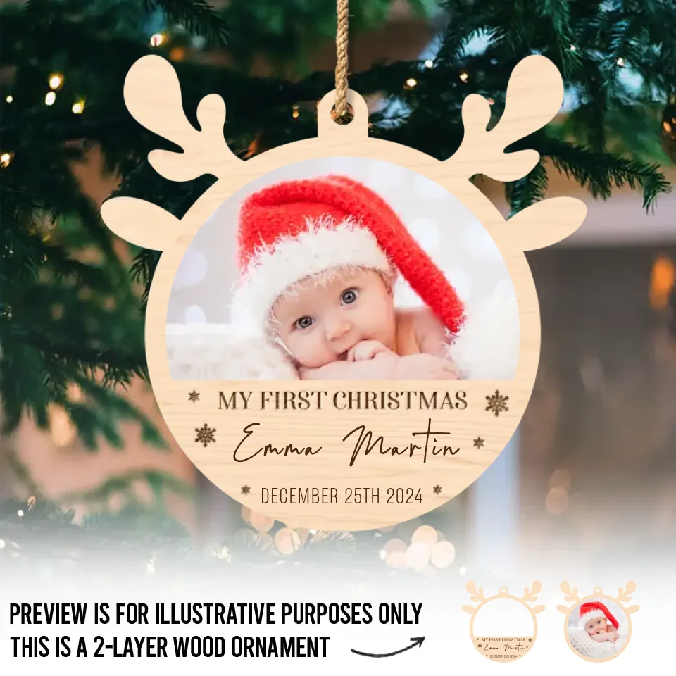Photo personnalisée : Notre petit renne est prêt pour sa première balade en traîneau ! - Décoration de Noël familiale personnalisée en bois à deux couches - Cadeau de Noël pour bébé, enfant et nouveau-né
