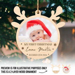 Photo personnalisée : Notre petit renne est prêt pour sa première balade en traîneau ! - Décoration de Noël familiale personnalisée en bois à deux couches - Cadeau de Noël pour bébé, enfant et nouveau-né