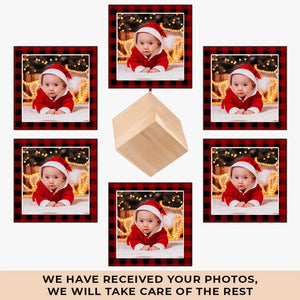 Photo personnalisée Voici le soleil de notre famille - Ornement en bois personnalisé en forme de cube - Cadeau de Noël pour bébé, enfant, nouveau-né