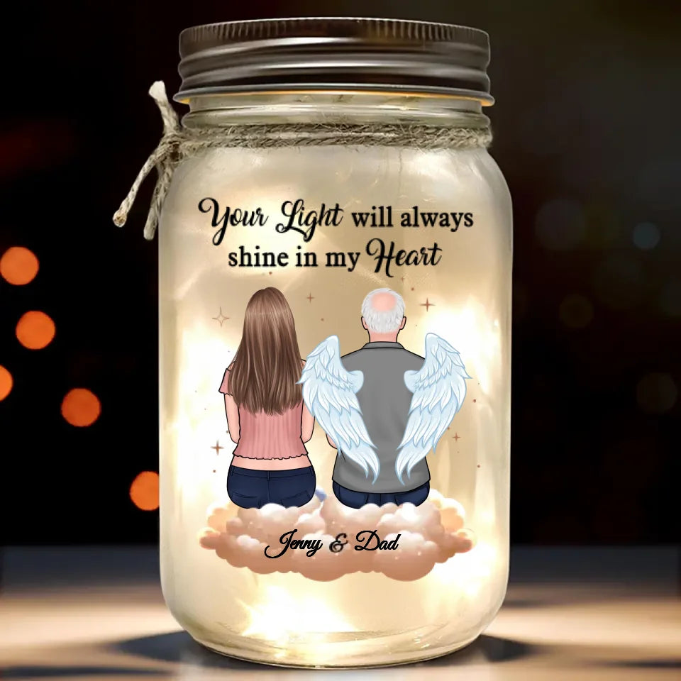 Ta lumière brillera toujours dans mon cœur - Lampe commémorative personnalisée en pot Mason - Cadeau de condoléances pour les membres de la famille
