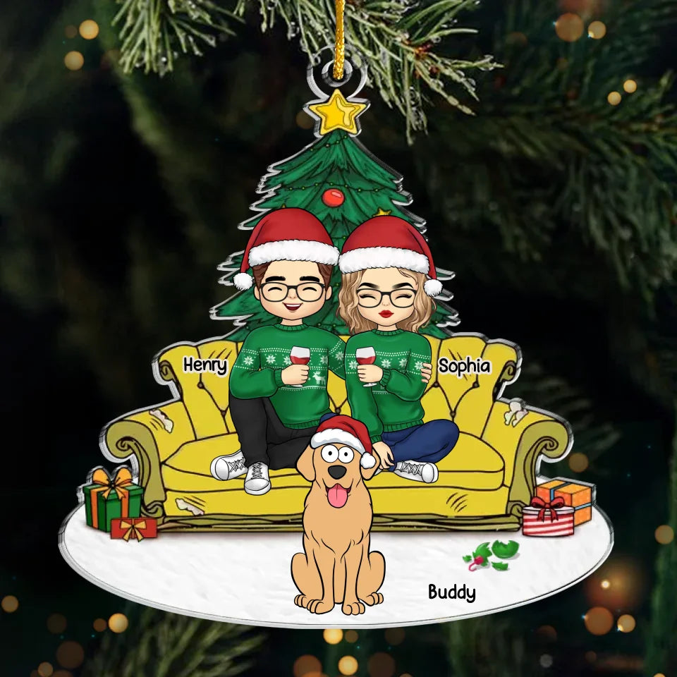 Notre amour a de la fourrure et une queue qui remue - Ornement personnalisé pour chien et chat - Forme personnalisée en acrylique - Cadeau de Noël pour mari et femme, anniversaire, propriétaires d'animaux, amoureux des animaux