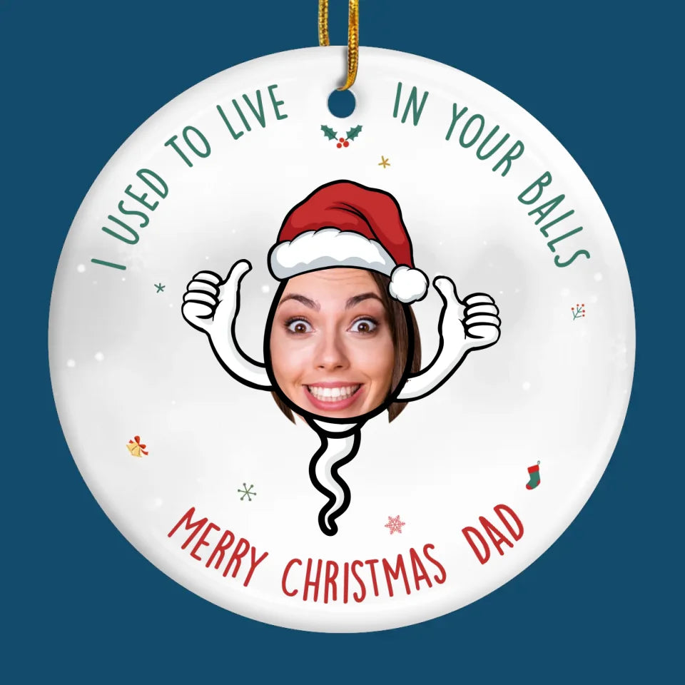 Photo personnalisée « J'avais l'habitude de vivre dans tes boules » - Ornement personnalisé familial personnalisé - Forme ronde en céramique - Cadeau de Noël pour papa, grand-père