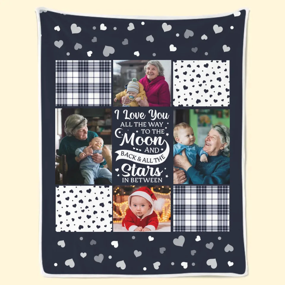 Couverture personnalisée avec photo « Je t'aime jusqu'à la lune et retour » - Cadeau de Noël pour grand-mère et petit-enfant