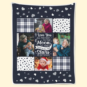 Couverture personnalisée avec photo « Je t'aime jusqu'à la lune et retour » - Cadeau de Noël pour grand-mère et petit-enfant