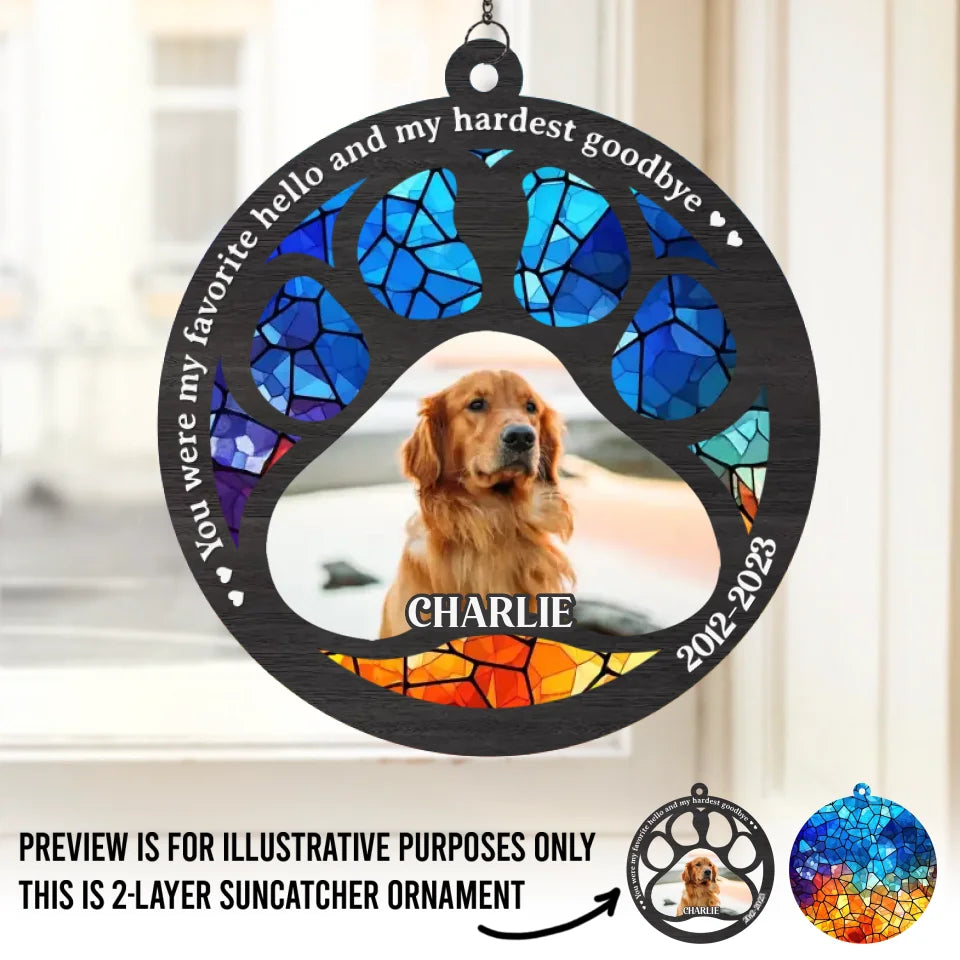Photo personnalisée « Difficile de vous dire au revoir » - Ornement attrape-soleil personnalisé à suspendre à une fenêtre - Cadeau de condoléances pour les propriétaires et les amoureux des animaux