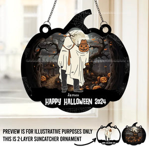 Une famille effrayante - Attrape-soleil personnalisé pour fenêtre - Cadeau d'Halloween pour les membres de la famille