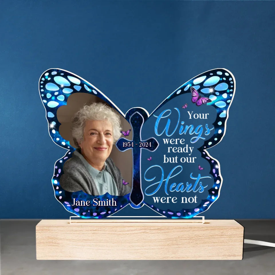 Photo personnalisée « Vos ailes étaient prêtes, mais mon cœur ne l'était pas » – Lumière LED 3D personnalisée en forme de mémorial – Cadeau de condoléances pour les membres de la famille