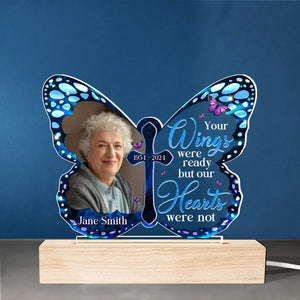 Photo personnalisée « Vos ailes étaient prêtes, mais mon cœur ne l'était pas » – Lumière LED 3D personnalisée en forme de mémorial – Cadeau de condoléances pour les membres de la famille