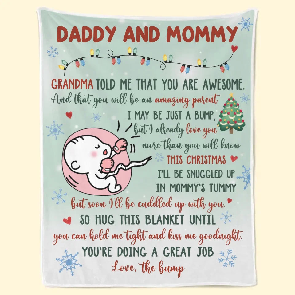 Couverture personnalisée pour toute la famille, bisous et coups de pied depuis le ventre rond ! Cadeau de naissance, premier Noël, cadeau de Noël pour la première maman