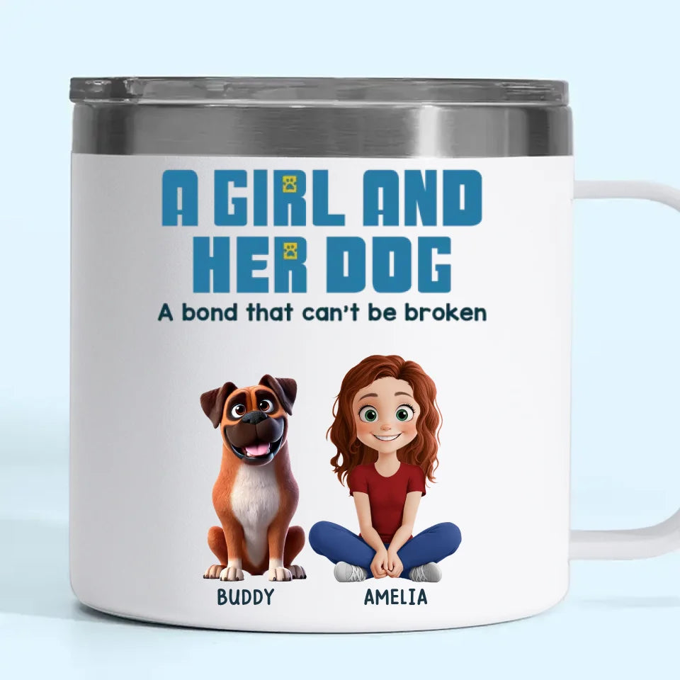Une fille et ses chiens partagent un langage qui n'a pas besoin de mots - Gobelet personnalisé en acier inoxydable de 14 oz avec poignée pour chien - Cadeau pour propriétaires d'animaux et amoureux des animaux