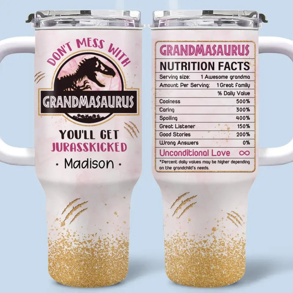 Son cœur est aussi grand que le rugissement d'un dinosaure - Gobelet personnalisé en acier inoxydable de 40 oz avec poignée - Cadeau pour maman, grand-mère