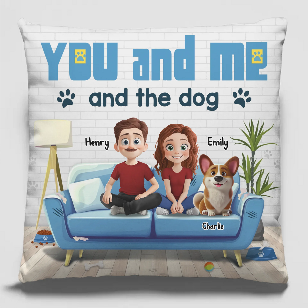 Toi, moi et le chien - Coussin personnalisé pour couple - Cadeau pour mari, femme, anniversaire, propriétaires d'animaux, amoureux des animaux