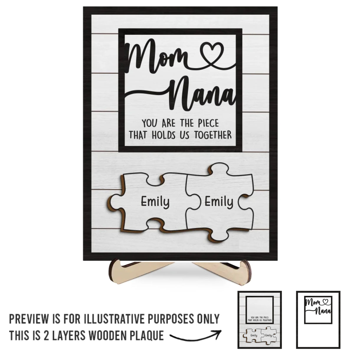 Tu es la pièce qui nous unit - Plaque en bois personnalisée à 2 couches avec support - Fête des Mères, cadeau pour maman, grand-mère