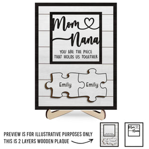 Tu es la pièce qui nous unit - Plaque en bois personnalisée à 2 couches avec support - Fête des Mères, cadeau pour maman, grand-mère