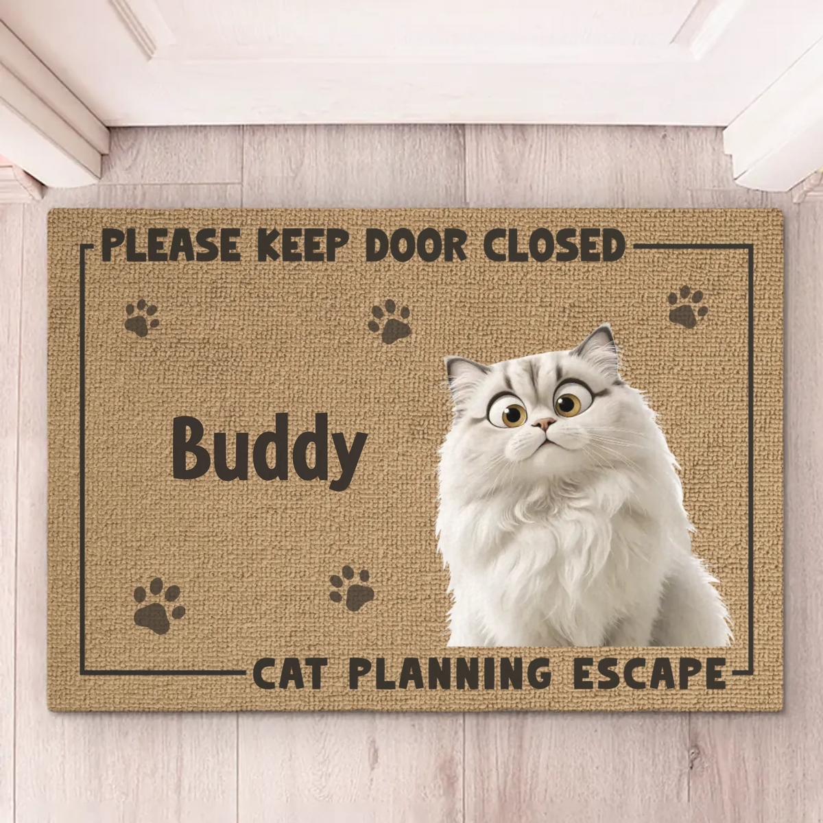 Porte fermée, chat en pause - Tapis décoratif personnalisé pour la maison - Cadeau de pendaison de crémaillère pour les propriétaires et les amoureux des animaux