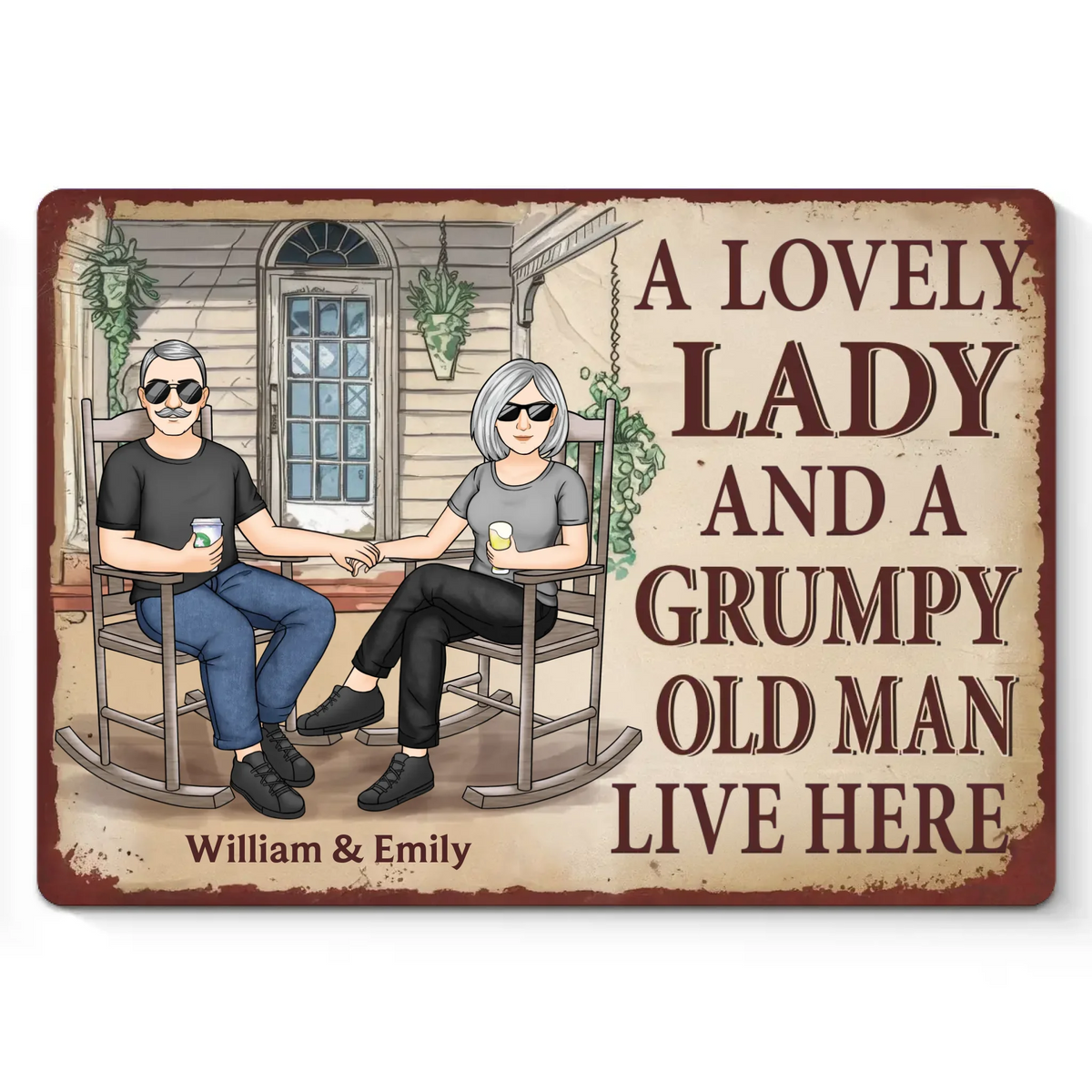Une charmante dame et un vieil homme grincheux vivent ici - Plaque en métal personnalisée pour couple - Cadeau de pendaison de crémaillère pour mari et femme, anniversaire