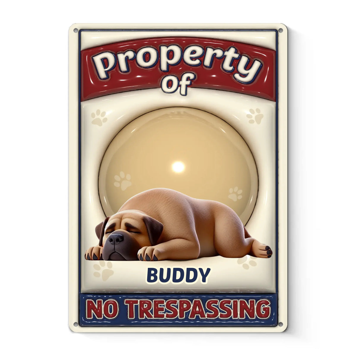 Propriété de mon patron duveteux - Plaque en métal personnalisée avec effet gonflable 3D pour chien - Cadeau de pendaison de crémaillère pour propriétaires et amoureux des animaux