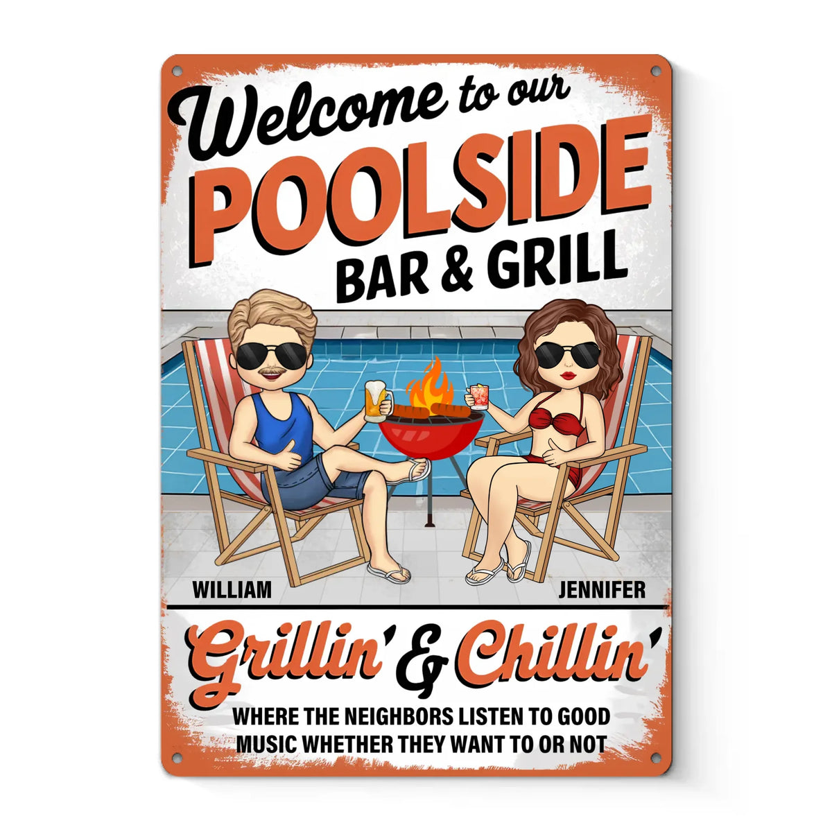 Bienvenue au bord de notre piscine - Plaque en métal personnalisée pour couple - Cadeau pour vous-même, votre mari, votre femme, vos meilleurs amis ou votre famille
