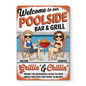 Bienvenue au bord de notre piscine - Plaque en métal personnalisée pour couple - Cadeau pour vous-même, votre mari, votre femme, vos meilleurs amis ou votre famille