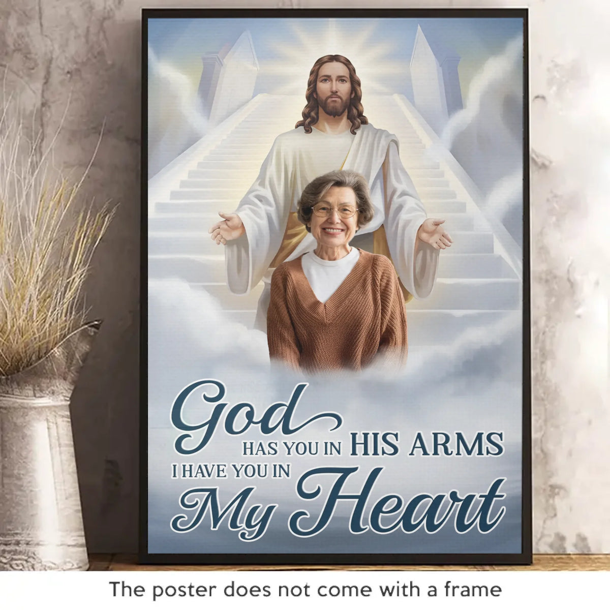 Photo personnalisée Dieu vous a dans ses bras, je vous ai dans mon cœur - Affiche verticale personnalisée commémorative - Cadeau de condoléances pour les membres de la famille