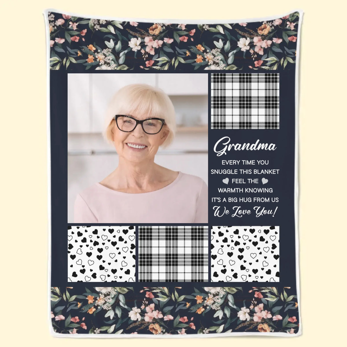 Couverture personnalisée avec photo « C'est un gros câlin de notre part » - Cadeau pour grand-mère et petit-enfant
