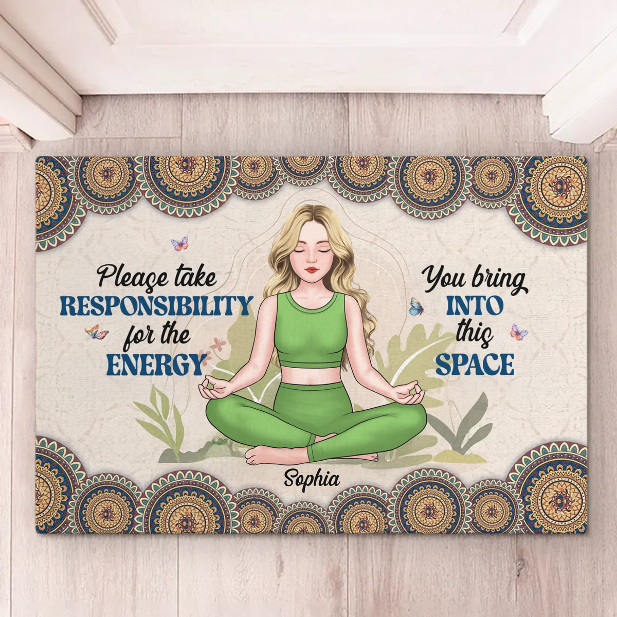 Respirez profondément, vivez pleinement - Tapis décoratif personnalisé pour la maison - Cadeau de pendaison de crémaillère pour les amateurs de yoga