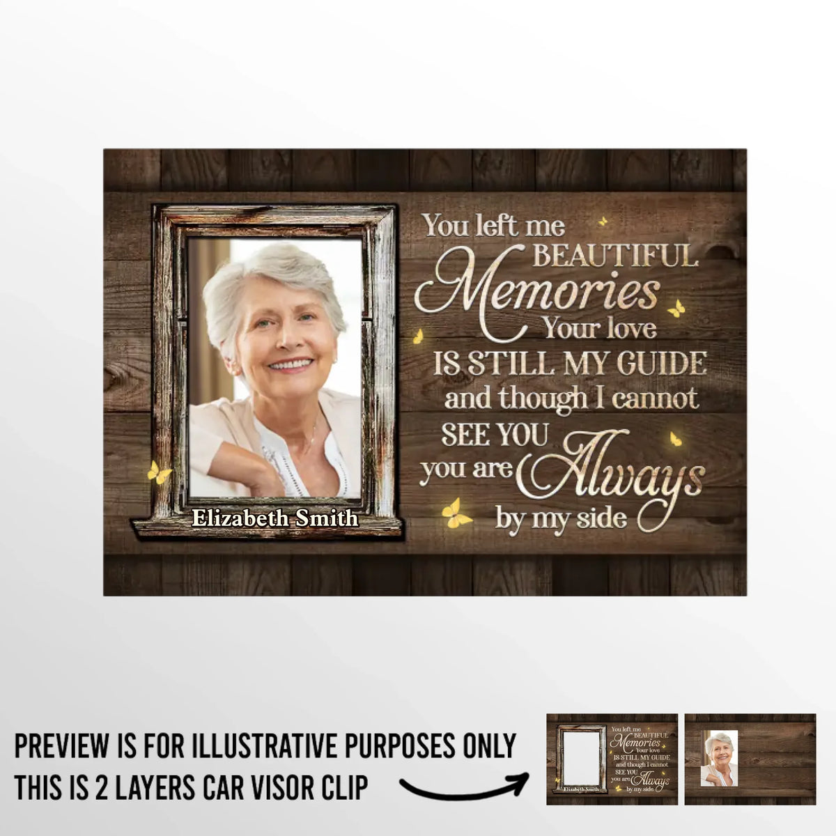Photo personnalisée dans nos souvenirs, tu vivras toujours - Clip de pare-soleil de voiture personnalisé commémoratif - Cadeau de condoléances pour les membres de la famille