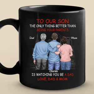 Je vous guide, je vous regarde grandir - Mug noir personnalisé pour la famille - Fête des pères, cadeau pour fils