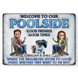 Bienvenue au bord de notre piscine, où le plaisir ne s'arrête jamais - Plaque en métal personnalisée pour couple - Cadeau de pendaison de crémaillère pour mari et femme, anniversaire