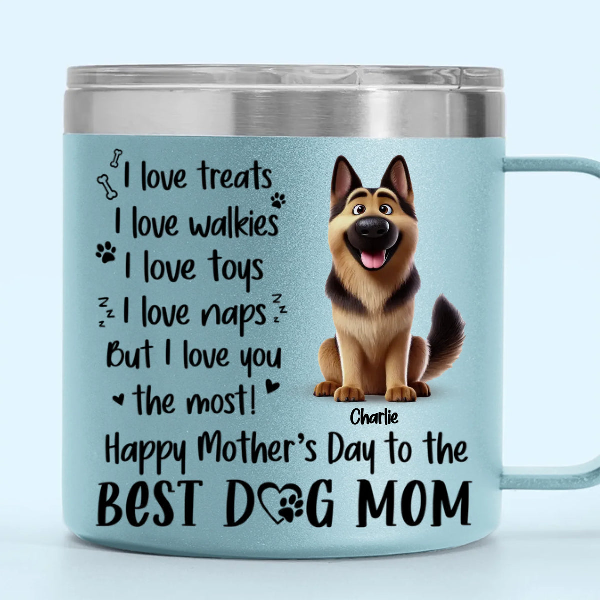 L'amour d'un chien ne s'arrête jamais - Gobelet personnalisé en acier inoxydable de 14 oz avec poignée - Cadeau pour les propriétaires et les amoureux des animaux