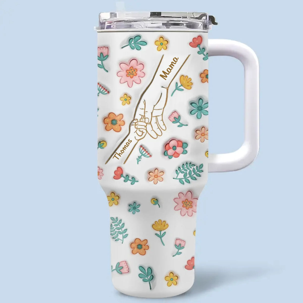 Tenir l'amour, une gorgée à la fois - Gobelet personnalisé en acier inoxydable avec poignée, effet gonflé 3D, imprimé, 40 oz - Fête des Mères, cadeau pour maman, grand-mère