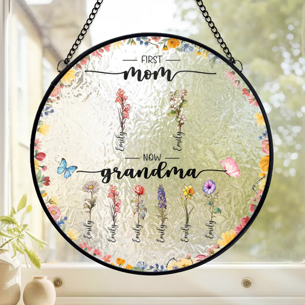 De maman à grand-mère, l'amour s'épanouit - Attrape-soleil personnalisé à suspendre sur un vitrail familial - Cadeau pour maman et grand-mère, fête des mères